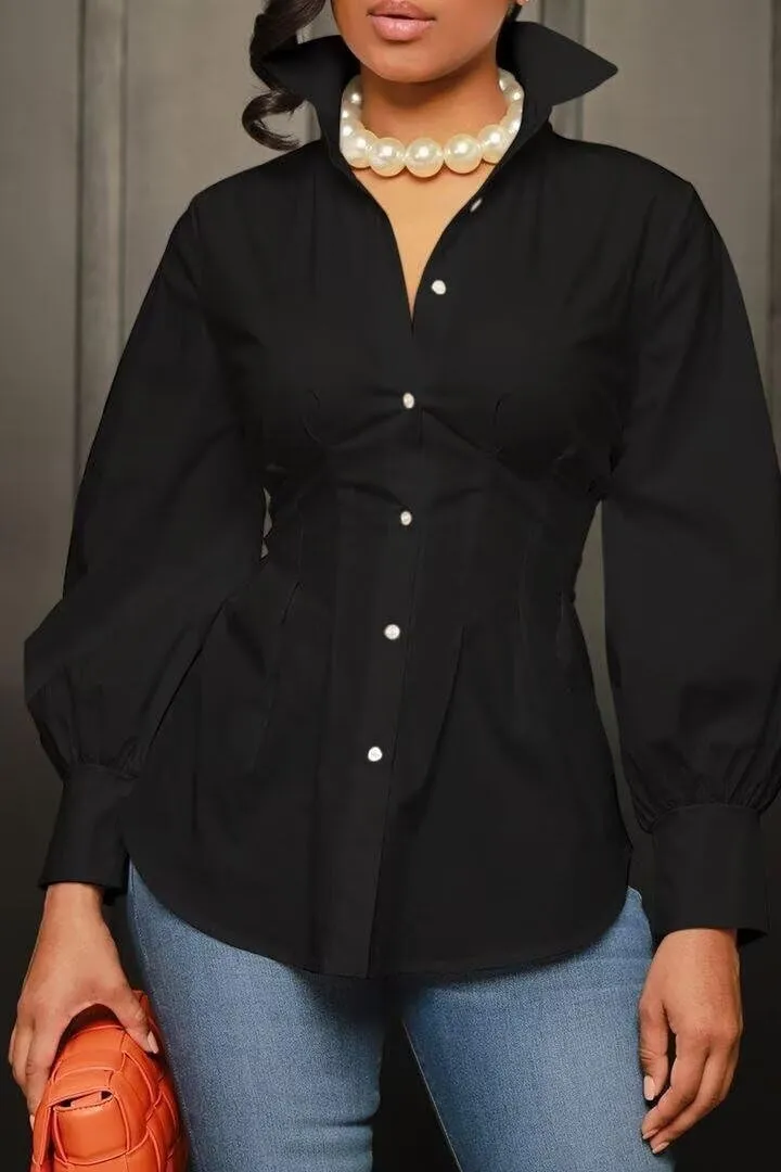 LROSEY Sexy Womens Button Down Tunic Shirts Plus Size Long Puff Sleeve Peplum Tops Collared Blouses