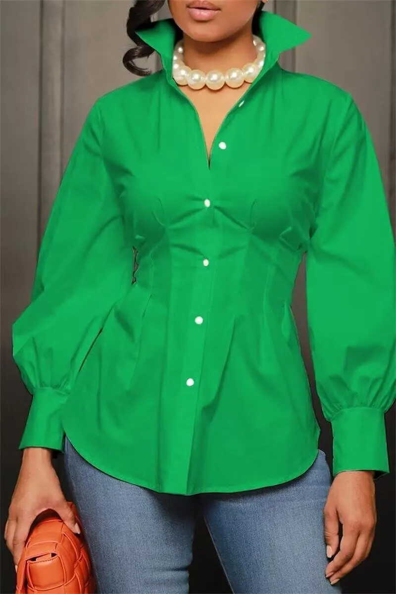 LROSEY Sexy Womens Button Down Tunic Shirts Plus Size Long Puff Sleeve Peplum Tops Collared Blouses