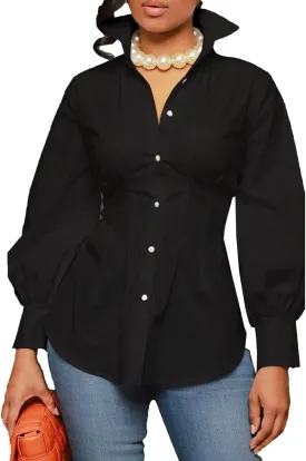 LROSEY Sexy Womens Button Down Tunic Shirts Plus Size Long Puff Sleeve Peplum Tops Collared Blouses