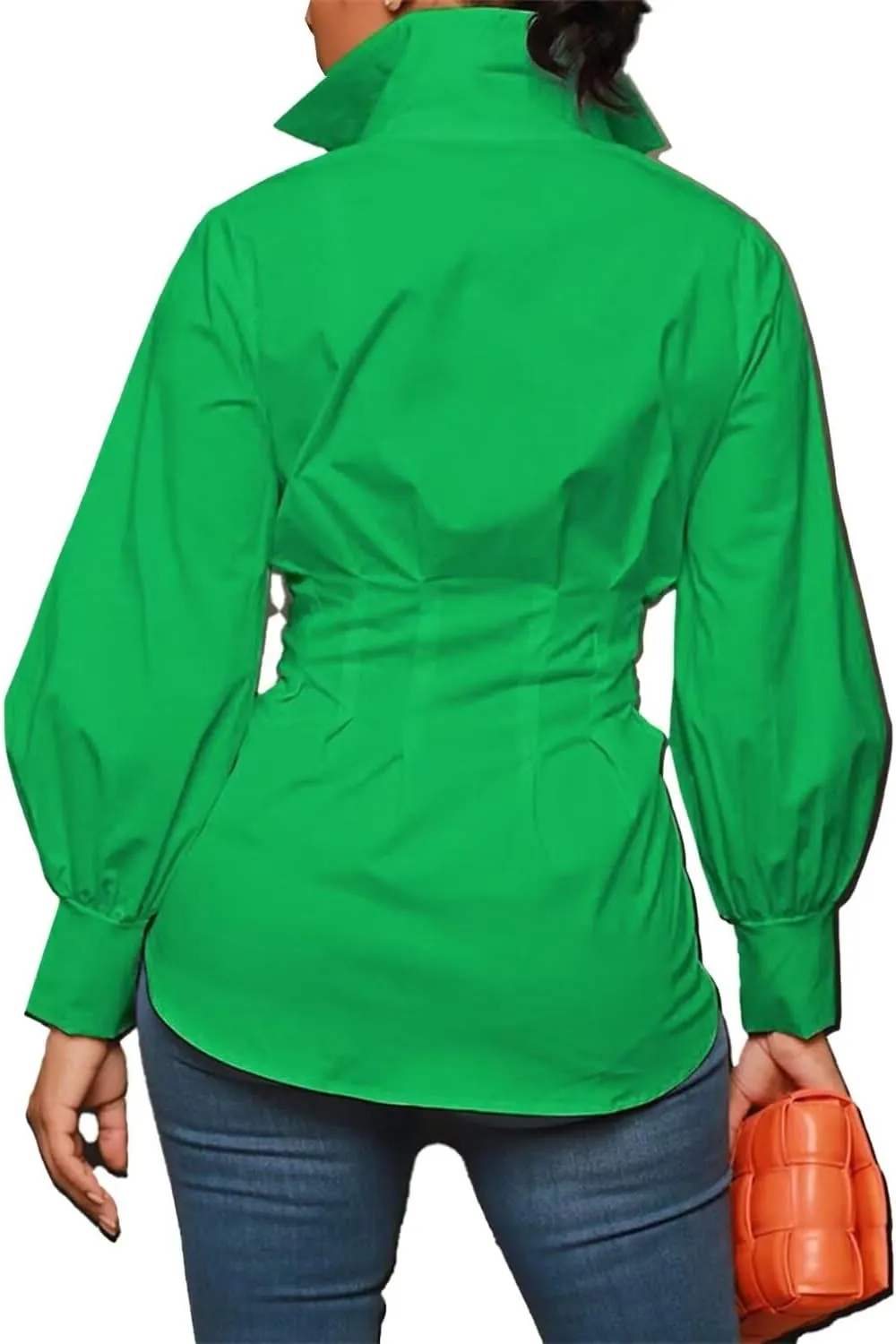LROSEY Sexy Womens Button Down Tunic Shirts Plus Size Long Puff Sleeve Peplum Tops Collared Blouses