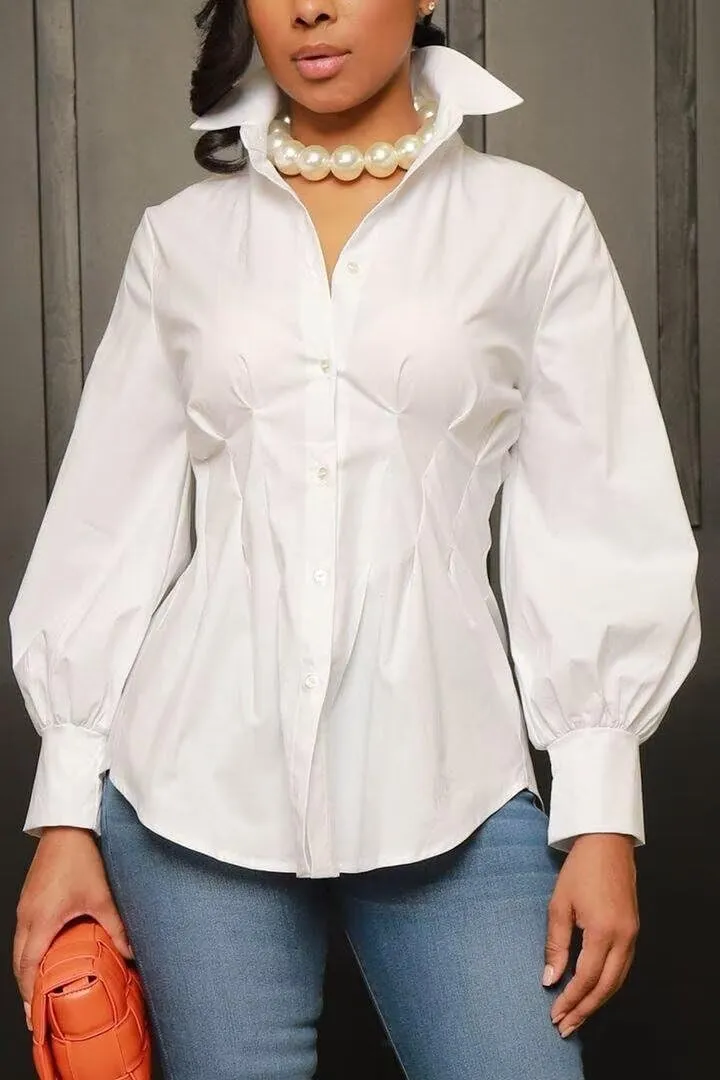 LROSEY Sexy Womens Button Down Tunic Shirts Plus Size Long Puff Sleeve Peplum Tops Collared Blouses