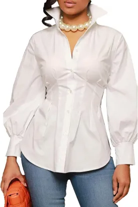 LROSEY Sexy Womens Button Down Tunic Shirts Plus Size Long Puff Sleeve Peplum Tops Collared Blouses
