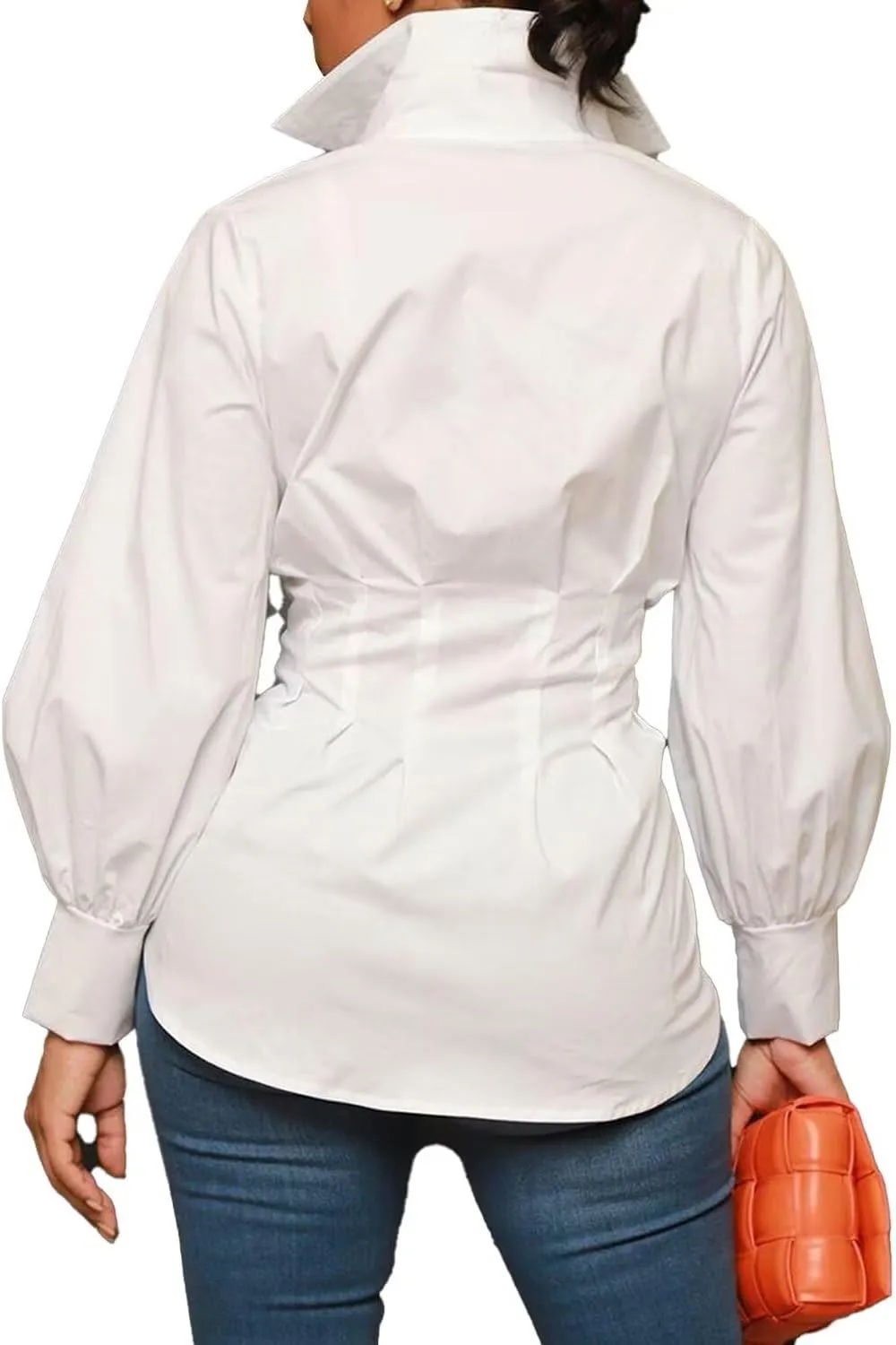 LROSEY Sexy Womens Button Down Tunic Shirts Plus Size Long Puff Sleeve Peplum Tops Collared Blouses