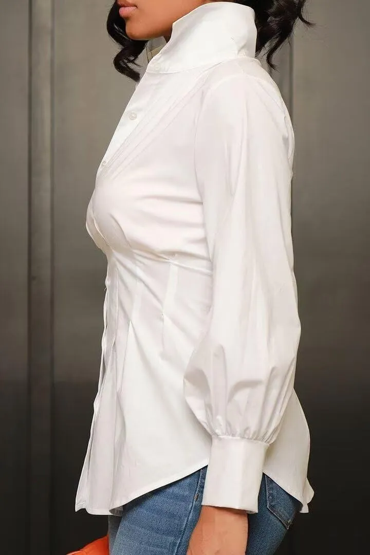 LROSEY Sexy Womens Button Down Tunic Shirts Plus Size Long Puff Sleeve Peplum Tops Collared Blouses