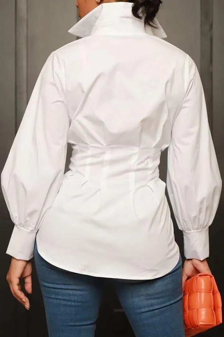 LROSEY Sexy Womens Button Down Tunic Shirts Plus Size Long Puff Sleeve Peplum Tops Collared Blouses