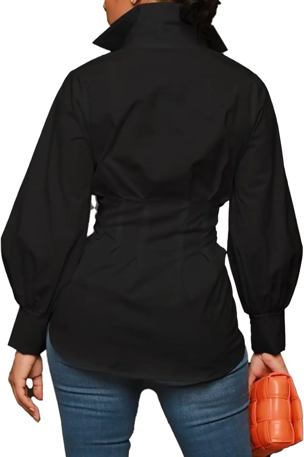 LROSEY Sexy Womens Button Down Tunic Shirts Plus Size Long Puff Sleeve Peplum Tops Collared Blouses