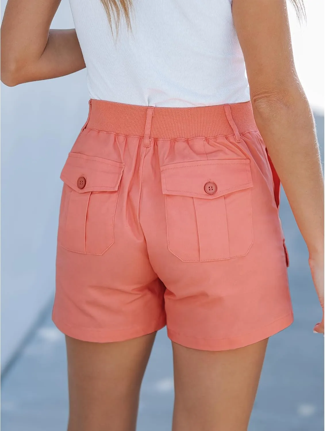 luvamia Cargo Shorts for Women Casual Summer High Waisted Chino Shorts Ribbed Elastic Waist Utility Pockets Comfy Shorts