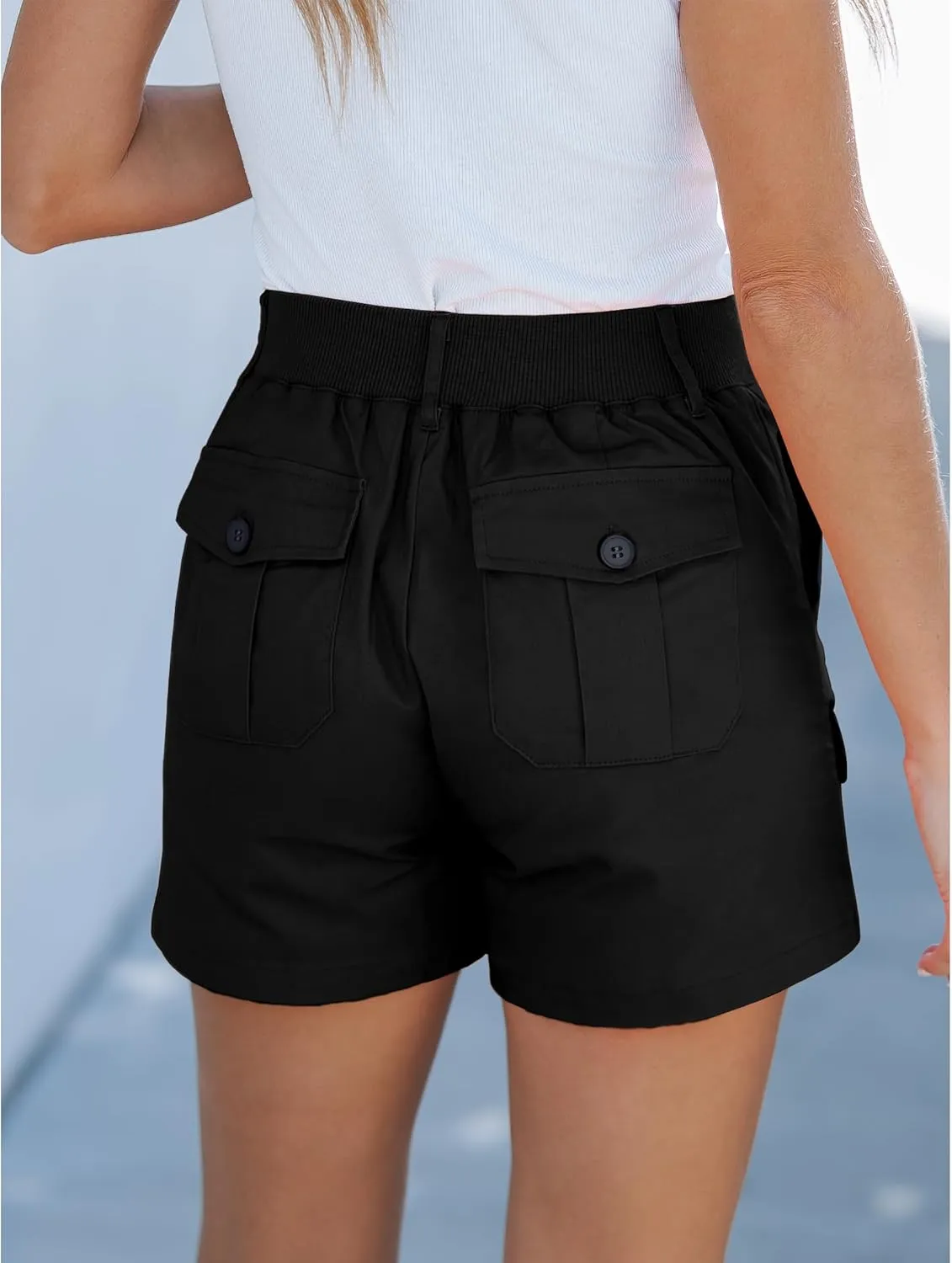 luvamia Cargo Shorts for Women Casual Summer High Waisted Chino Shorts Ribbed Elastic Waist Utility Pockets Comfy Shorts