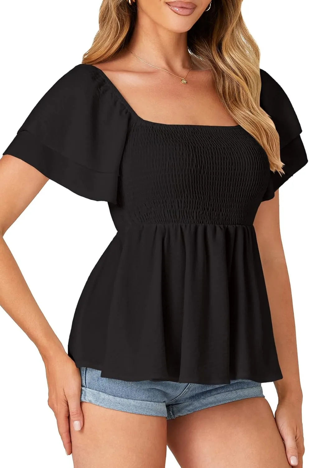LYANER Womens Square Neck Smocked Peplum Top Ruffle Short Sleeve Babydoll Shirred Blouse