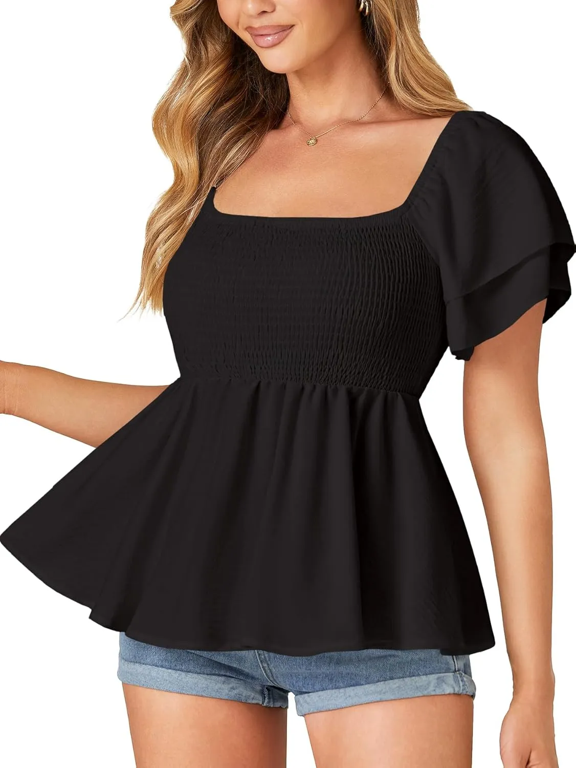 LYANER Womens Square Neck Smocked Peplum Top Ruffle Short Sleeve Babydoll Shirred Blouse