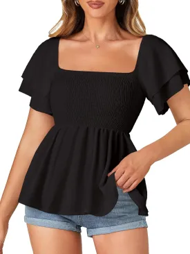 LYANER Womens Square Neck Smocked Peplum Top Ruffle Short Sleeve Babydoll Shirred Blouse