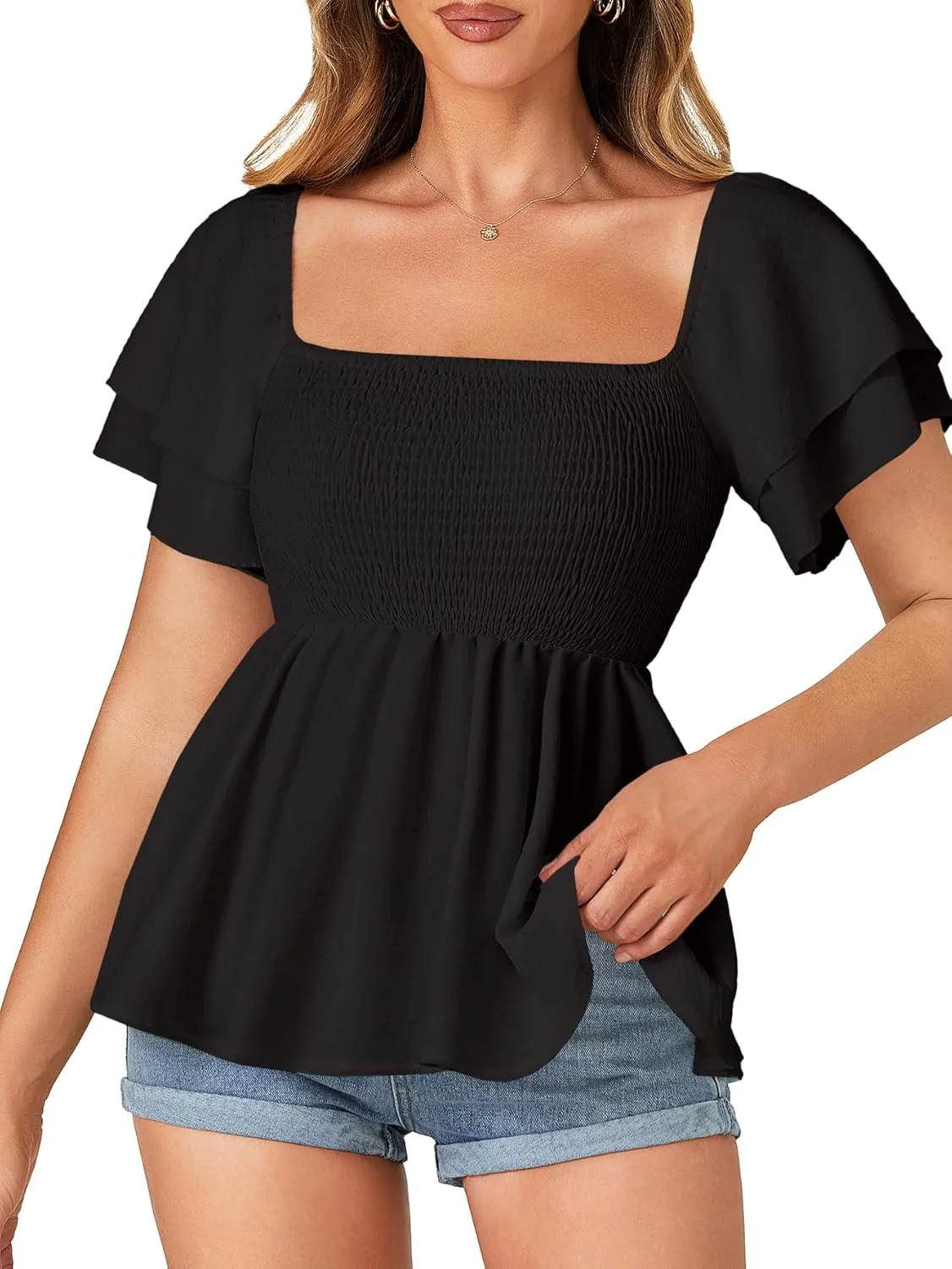 LYANER Womens Square Neck Smocked Peplum Top Ruffle Short Sleeve Babydoll Shirred Blouse