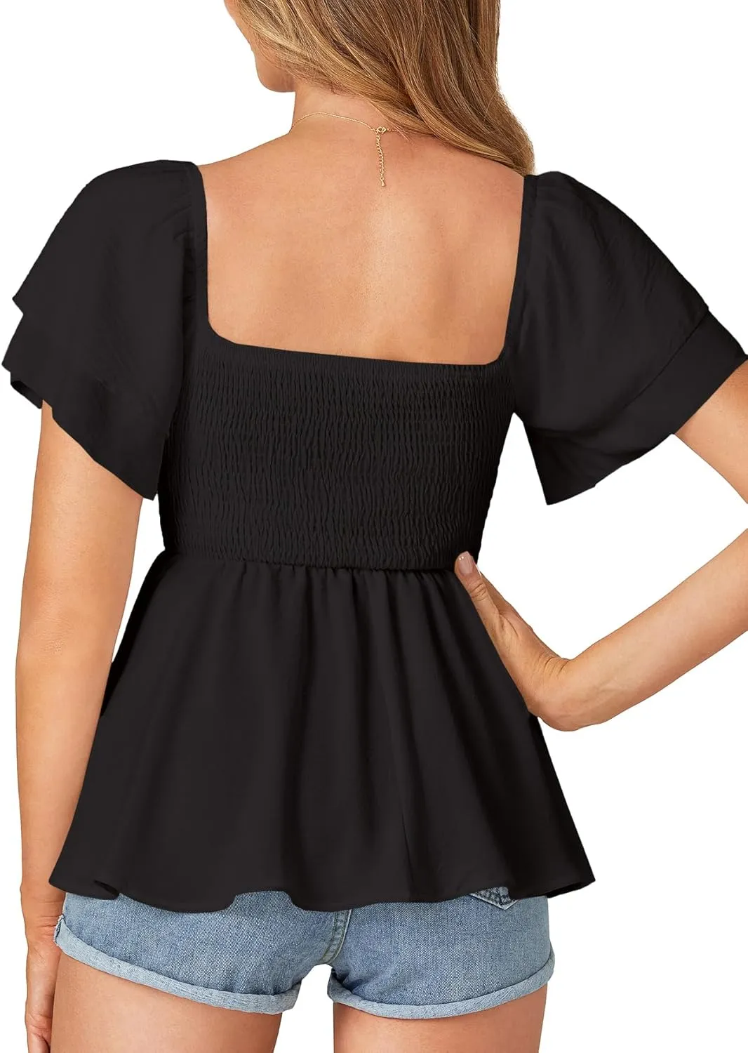 LYANER Womens Square Neck Smocked Peplum Top Ruffle Short Sleeve Babydoll Shirred Blouse