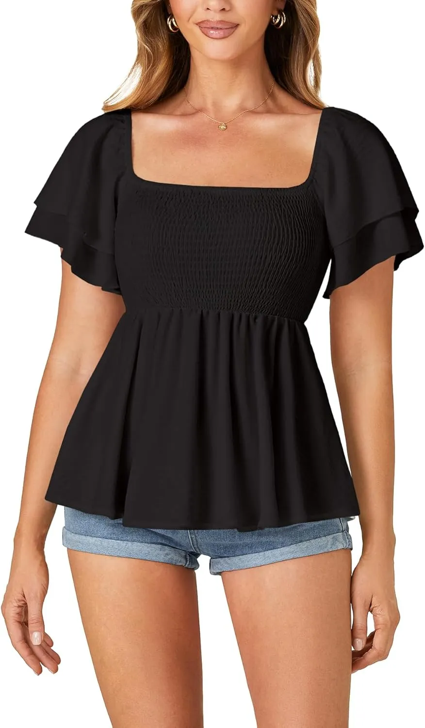LYANER Womens Square Neck Smocked Peplum Top Ruffle Short Sleeve Babydoll Shirred Blouse