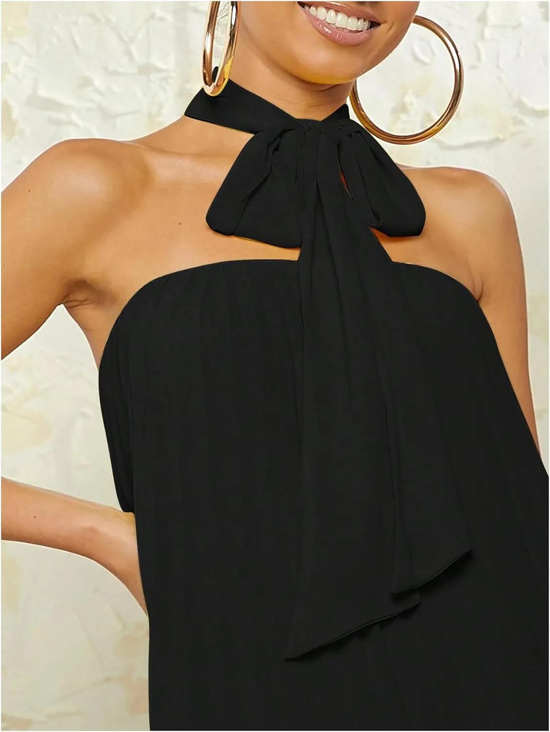 MakeMeChic Women's A Line Dress Flowy Swing Tube Dresses Pleated Tie Neck Short Summer Sundress