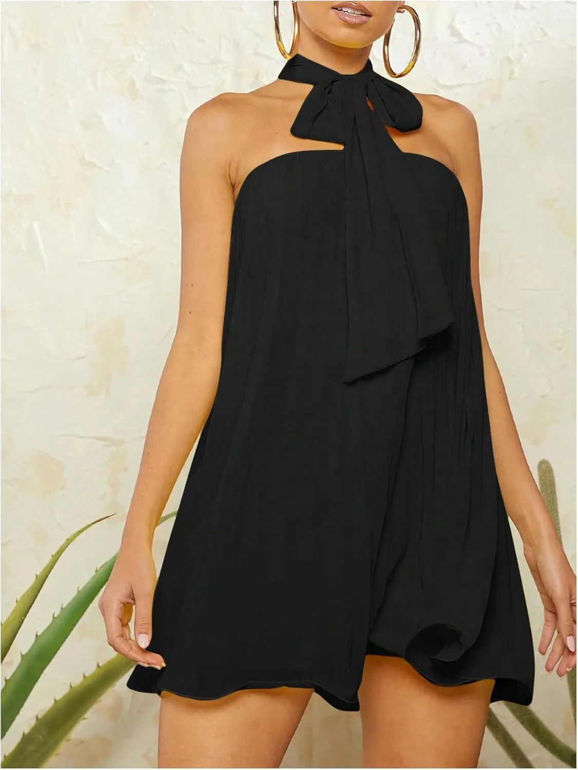 MakeMeChic Women's A Line Dress Flowy Swing Tube Dresses Pleated Tie Neck Short Summer Sundress