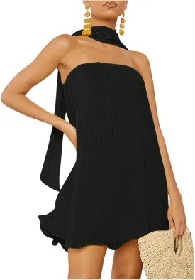 MakeMeChic Women's A Line Dress Flowy Swing Tube Dresses Pleated Tie Neck Short Summer Sundress