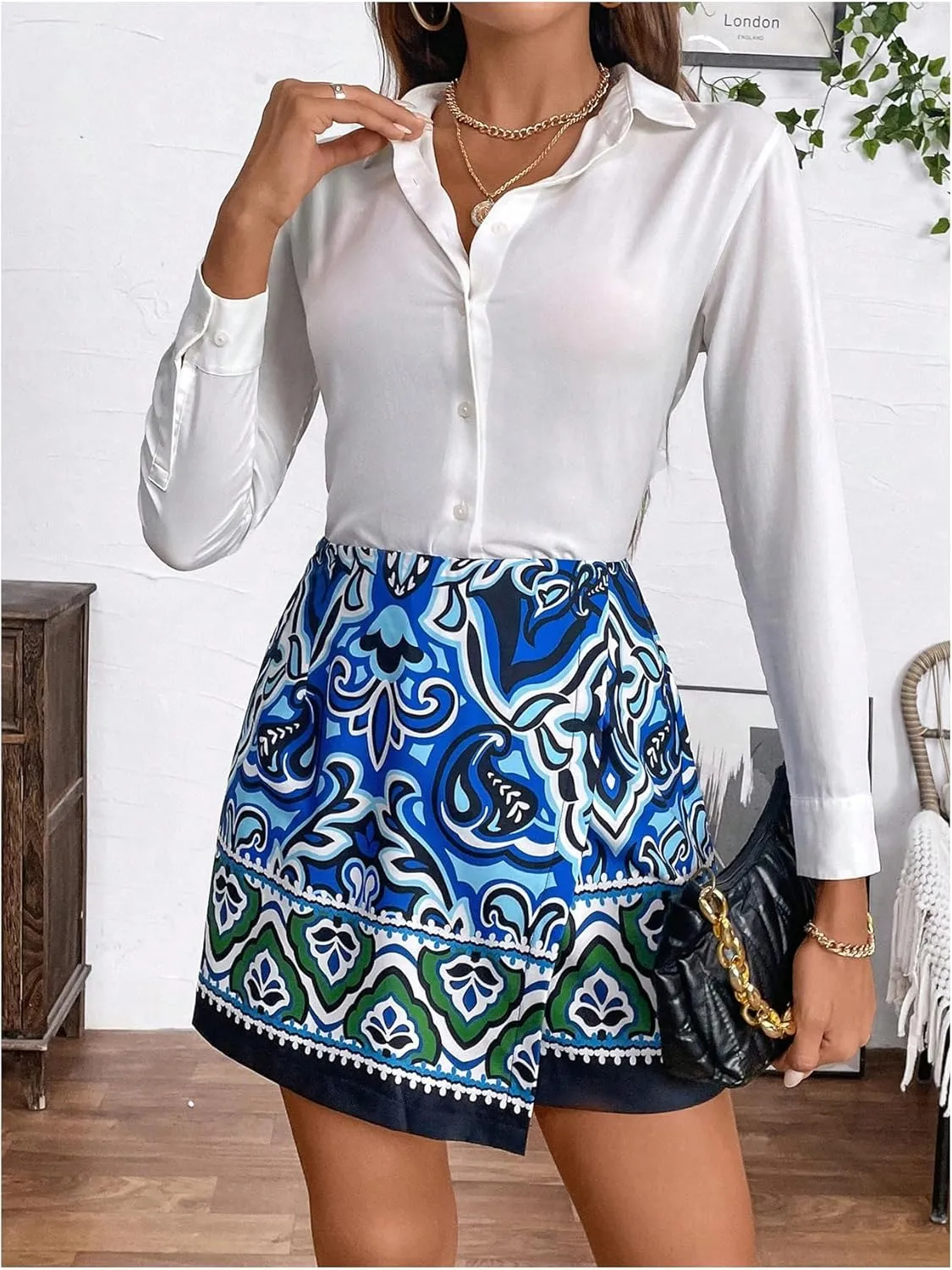 MakeMeChic Women's Tribal Print Wrap Short Skirt Asymmetrical Elegant Mini Skirts