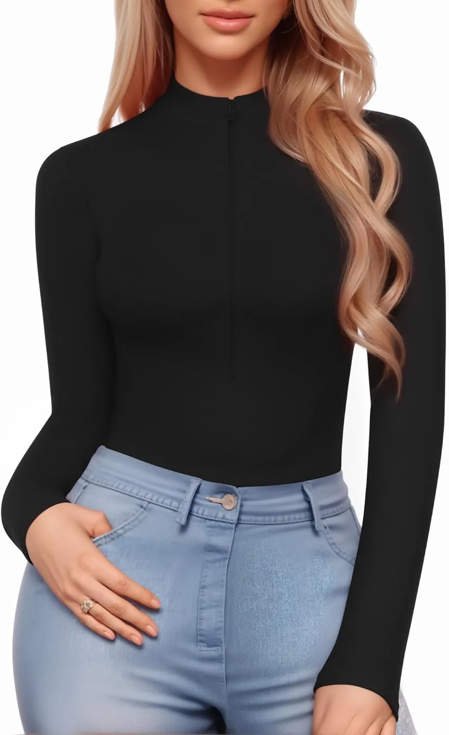MANGOPOP Long Sleeve Body Suit Mock Turtle Neck Zip Up Bodysuit for Women Ribbed Deep V Sexy Bodysuit Shirts