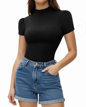 MANGOPOP Women's Mock Turtle Neck Slim Fit Half Elbow Short 3/4 Short Long Sleeve T Shirts Tight Tops Tee