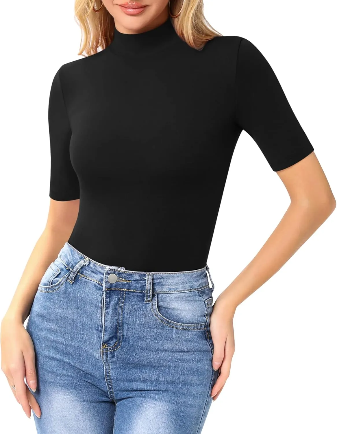 MANGOPOP Women's Mock Turtle Neck Slim Fit Half Elbow Short 3/4 Short Long Sleeve T Shirts Tight Tops Tee