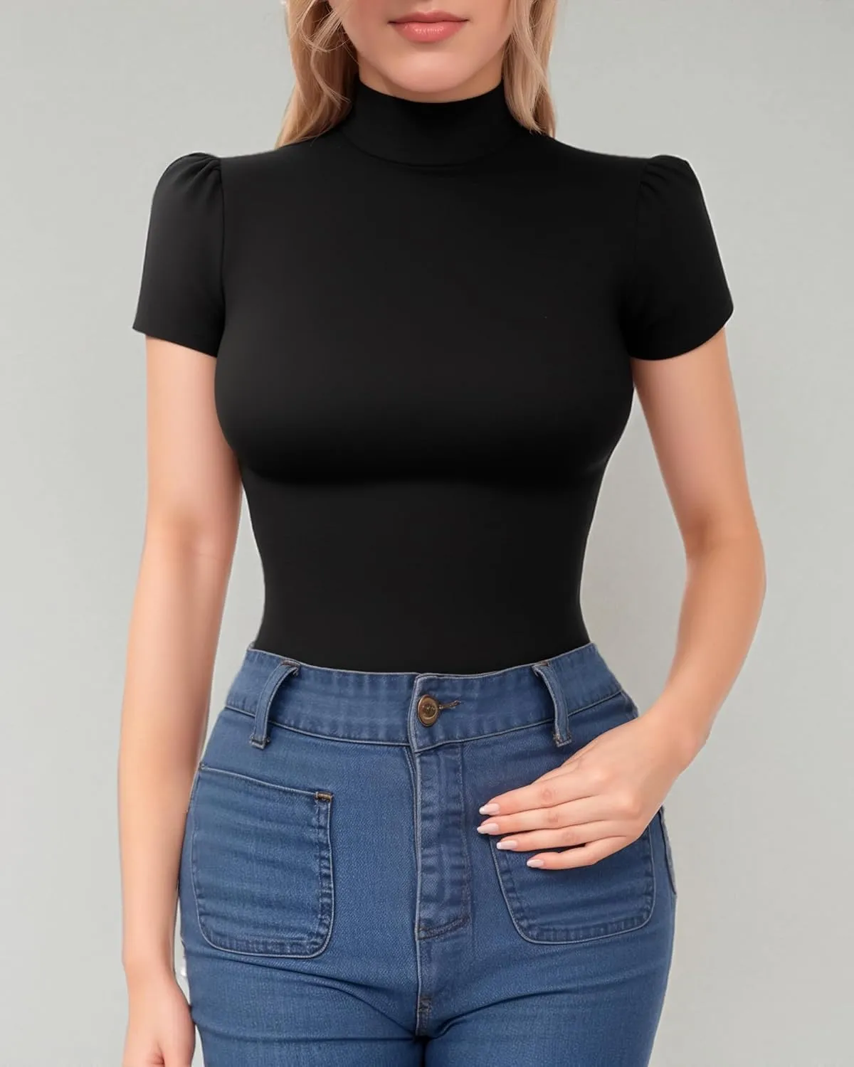MANGOPOP Women's Mock Turtle Neck Slim Fit Half Elbow Short 3/4 Short Long Sleeve T Shirts Tight Tops Tee