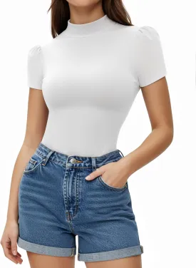 MANGOPOP Women's Mock Turtle Neck Slim Fit Half Elbow Short 3/4 Short Long Sleeve T Shirts Tight Tops Tee