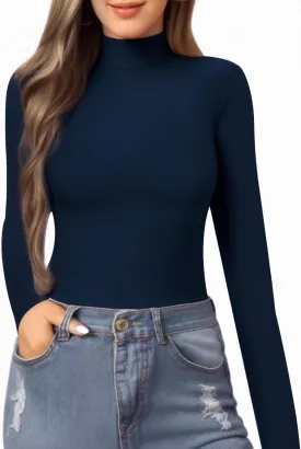 MANGOPOP Women's Mock Turtle Neck Slim Fit Half Elbow Short 3/4 Short Long Sleeve T Shirts Tight Tops Tee