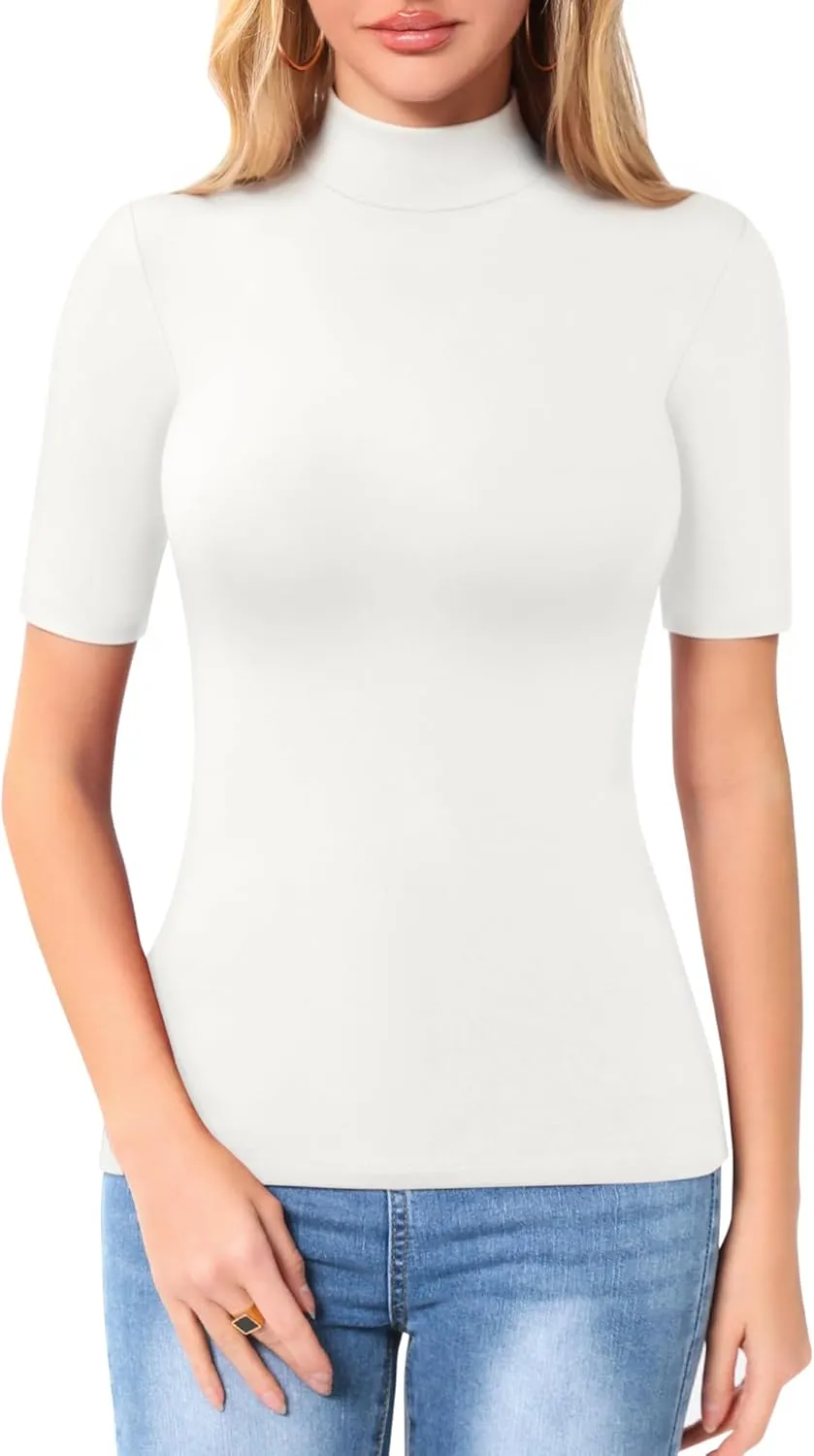 MANGOPOP Women's Mock Turtle Neck Slim Fit Half Elbow Short 3/4 Short Long Sleeve T Shirts Tight Tops Tee