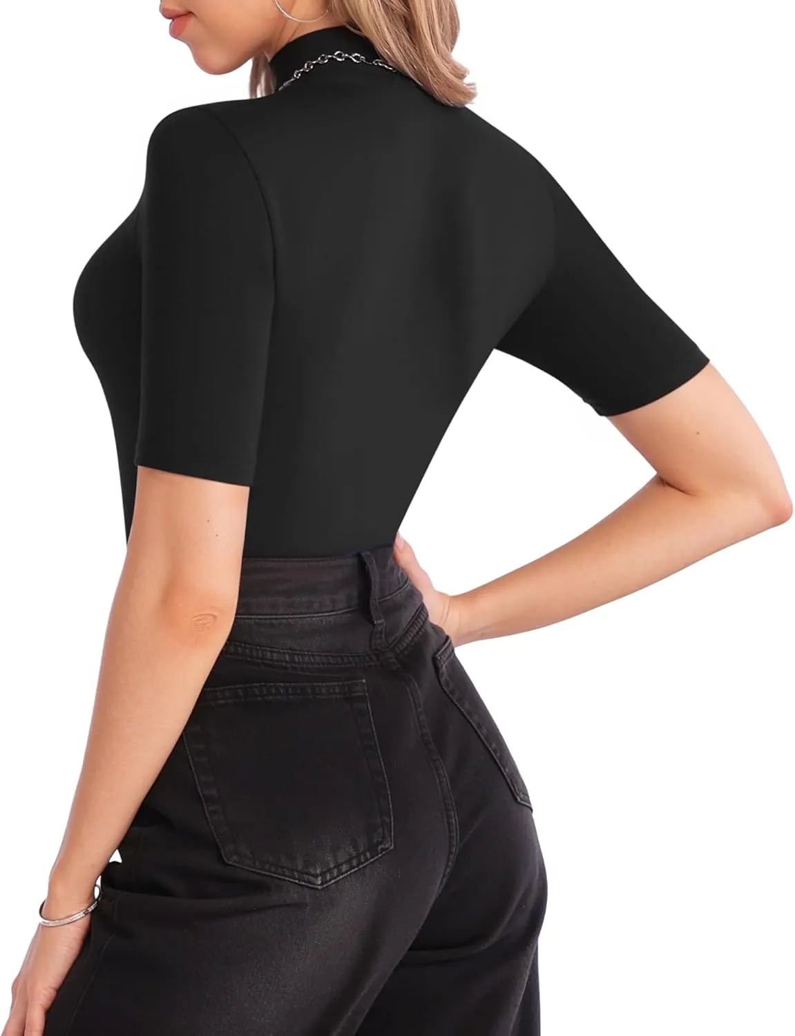 MANGOPOP Women's Mock Turtle Neck Slim Fit Half Elbow Short 3/4 Short Long Sleeve T Shirts Tight Tops Tee