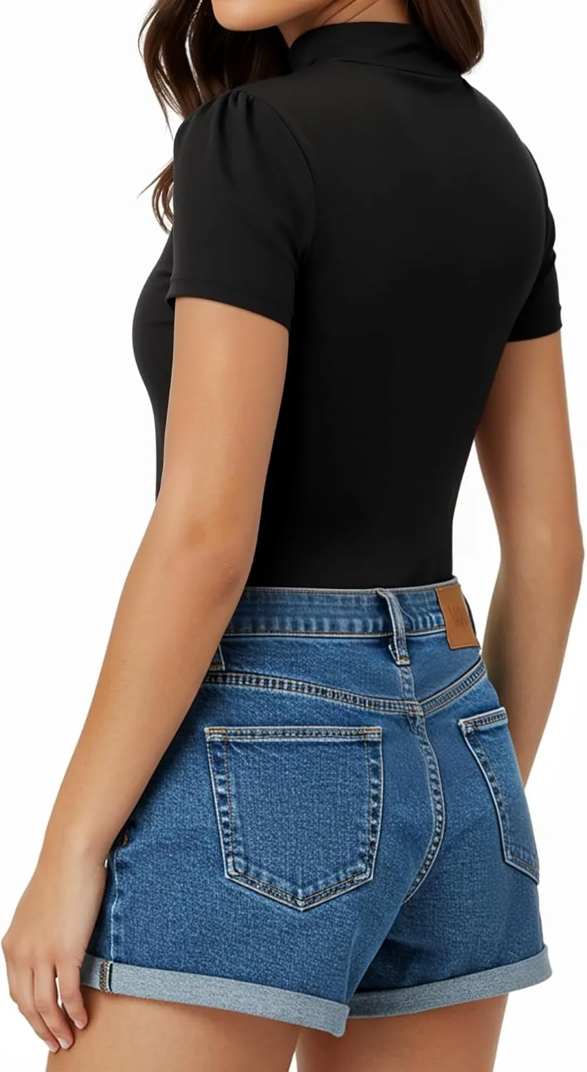 MANGOPOP Women's Mock Turtle Neck Slim Fit Half Elbow Short 3/4 Short Long Sleeve T Shirts Tight Tops Tee