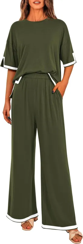 MASCOMODA Womens Summer 2 Piece Outfits Crewneck Short Sleeve Tops Wide Leg Long Pants Travel Matching Lounge Sets Tracksuit