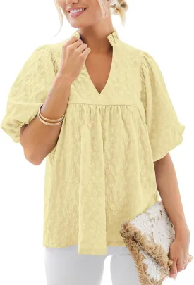 MASCOMODA Womens Summer Tops 2025 Ruffle V Neck Blouses Loose Puff Short Sleeve Jacquard Babydoll Tops Casual Dressy T-Shirts