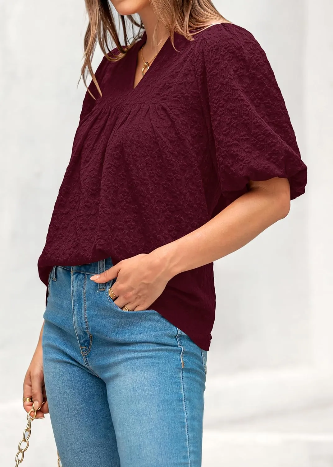 MASCOMODA Womens Summer Tops 2025 Ruffle V Neck Blouses Loose Puff Short Sleeve Jacquard Babydoll Tops Casual Dressy T-Shirts