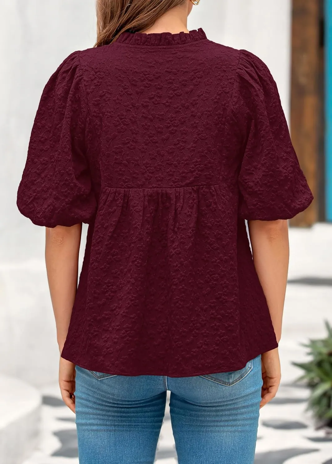 MASCOMODA Womens Summer Tops 2025 Ruffle V Neck Blouses Loose Puff Short Sleeve Jacquard Babydoll Tops Casual Dressy T-Shirts