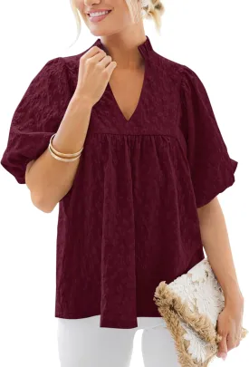 MASCOMODA Womens Summer Tops 2025 Ruffle V Neck Blouses Loose Puff Short Sleeve Jacquard Babydoll Tops Casual Dressy T-Shirts