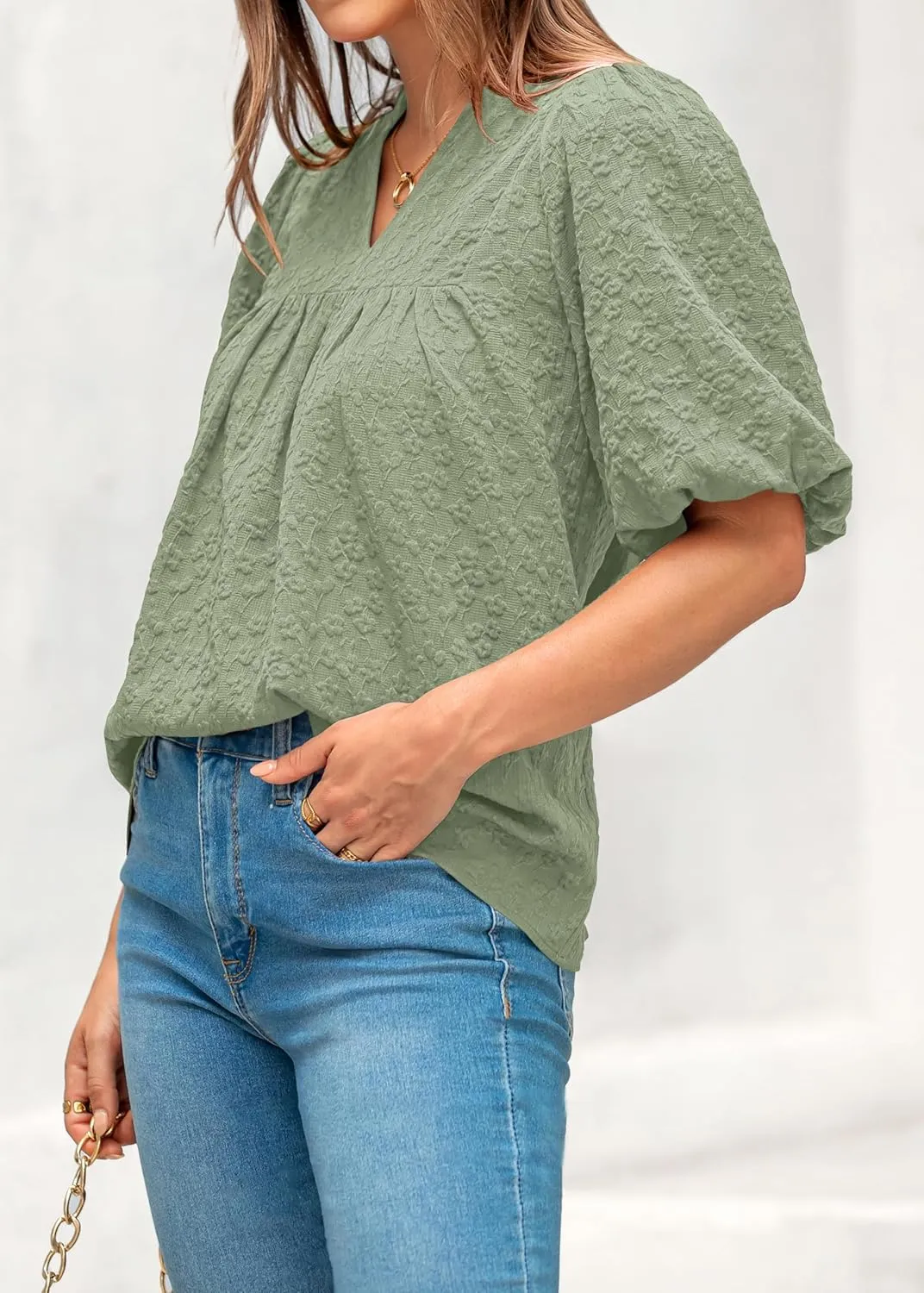 MASCOMODA Womens Summer Tops 2025 Ruffle V Neck Blouses Loose Puff Short Sleeve Jacquard Babydoll Tops Casual Dressy T-Shirts