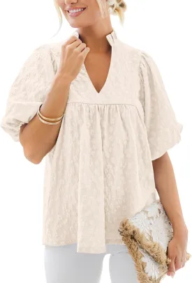 MASCOMODA Womens Summer Tops 2025 Ruffle V Neck Blouses Loose Puff Short Sleeve Jacquard Babydoll Tops Casual Dressy T-Shirts