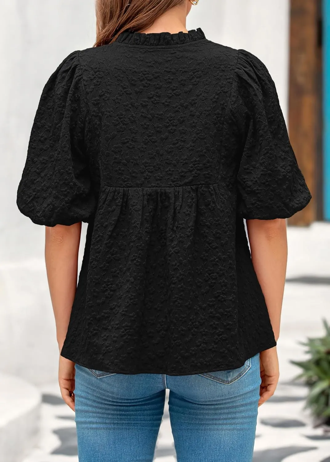 MASCOMODA Womens Summer Tops 2025 Ruffle V Neck Blouses Loose Puff Short Sleeve Jacquard Babydoll Tops Casual Dressy T-Shirts