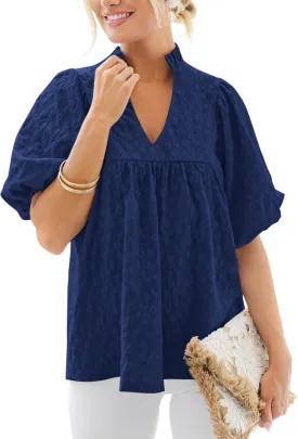 MASCOMODA Womens Summer Tops 2025 Ruffle V Neck Blouses Loose Puff Short Sleeve Jacquard Babydoll Tops Casual Dressy T-Shirts