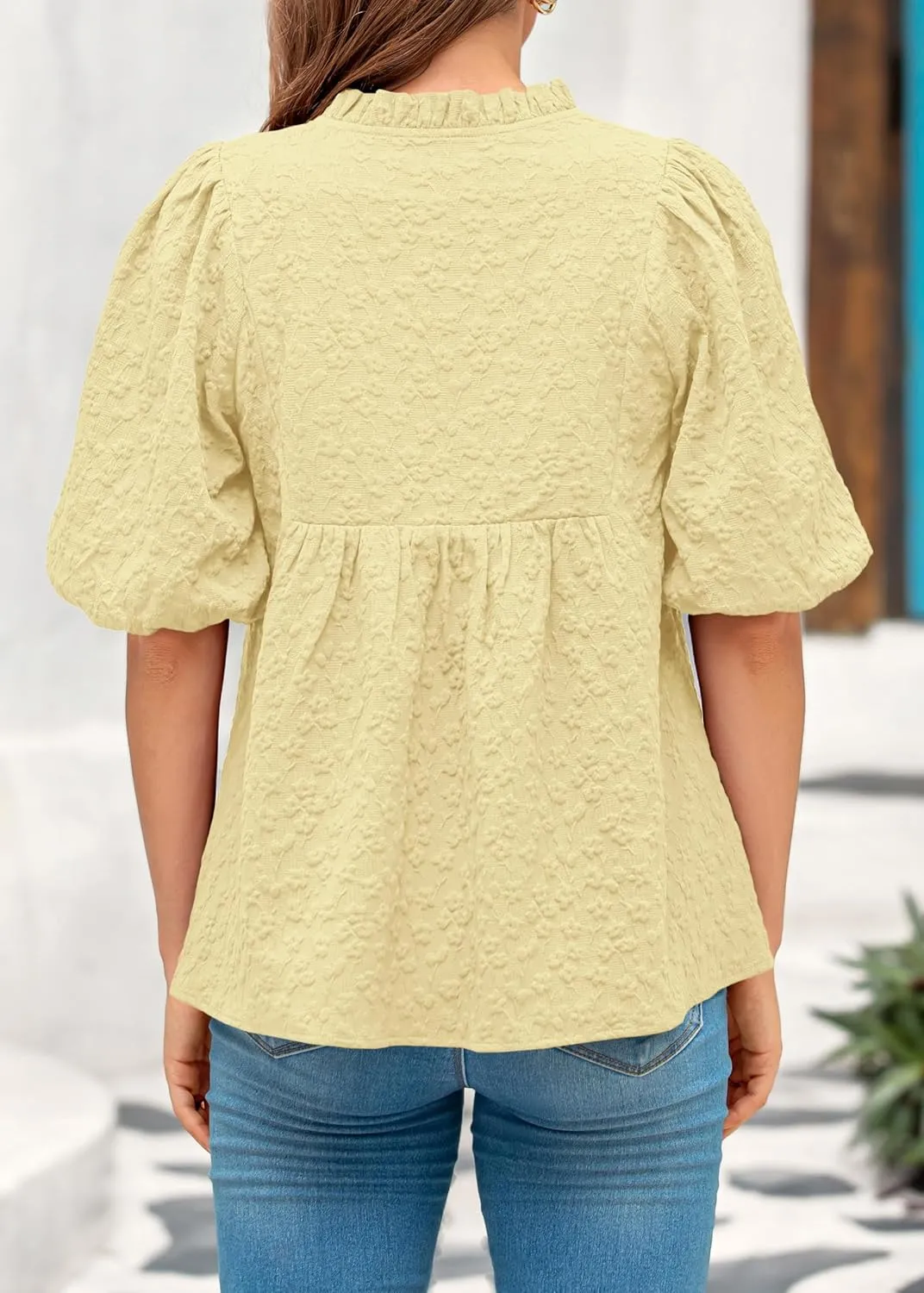 MASCOMODA Womens Summer Tops 2025 Ruffle V Neck Blouses Loose Puff Short Sleeve Jacquard Babydoll Tops Casual Dressy T-Shirts