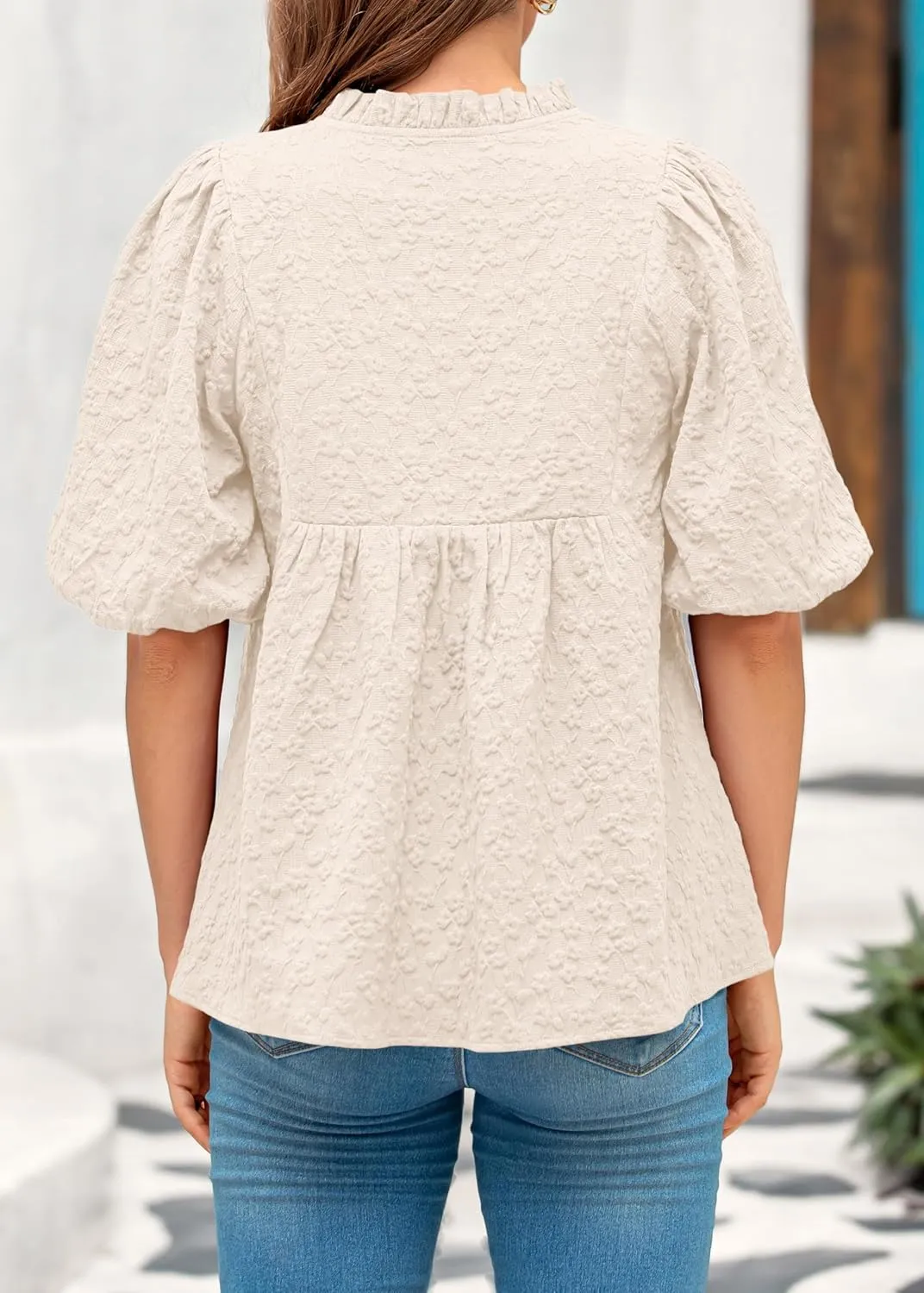 MASCOMODA Womens Summer Tops 2025 Ruffle V Neck Blouses Loose Puff Short Sleeve Jacquard Babydoll Tops Casual Dressy T-Shirts