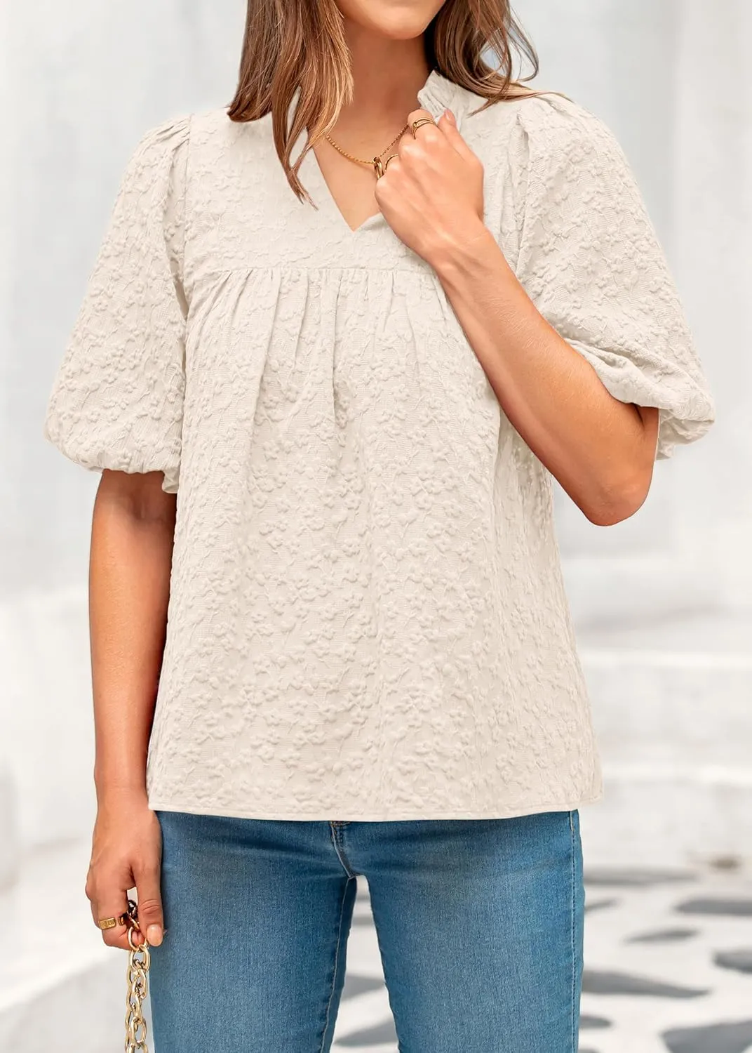 MASCOMODA Womens Summer Tops 2025 Ruffle V Neck Blouses Loose Puff Short Sleeve Jacquard Babydoll Tops Casual Dressy T-Shirts