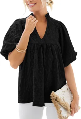 MASCOMODA Womens Summer Tops 2025 Ruffle V Neck Blouses Loose Puff Short Sleeve Jacquard Babydoll Tops Casual Dressy T-Shirts
