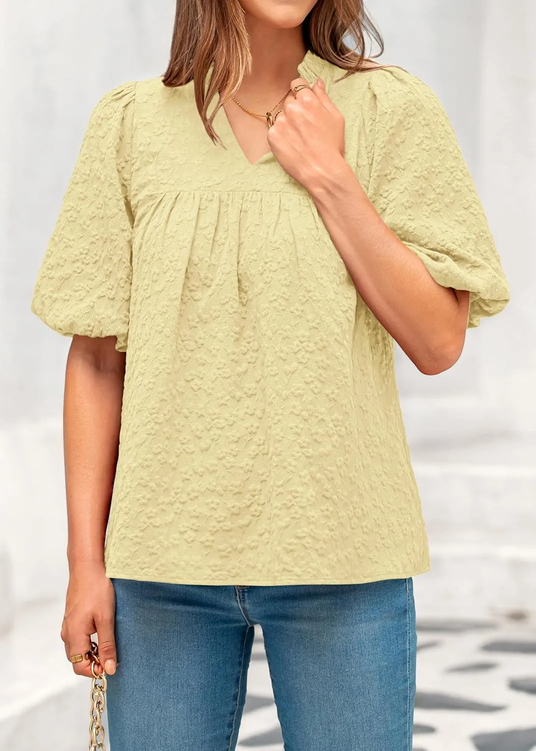 MASCOMODA Womens Summer Tops 2025 Ruffle V Neck Blouses Loose Puff Short Sleeve Jacquard Babydoll Tops Casual Dressy T-Shirts