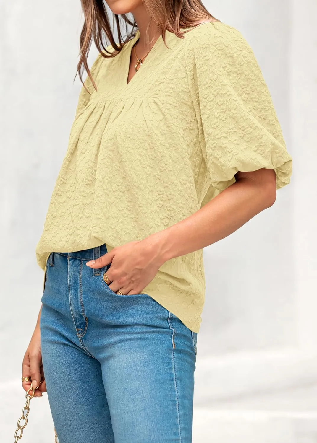 MASCOMODA Womens Summer Tops 2025 Ruffle V Neck Blouses Loose Puff Short Sleeve Jacquard Babydoll Tops Casual Dressy T-Shirts