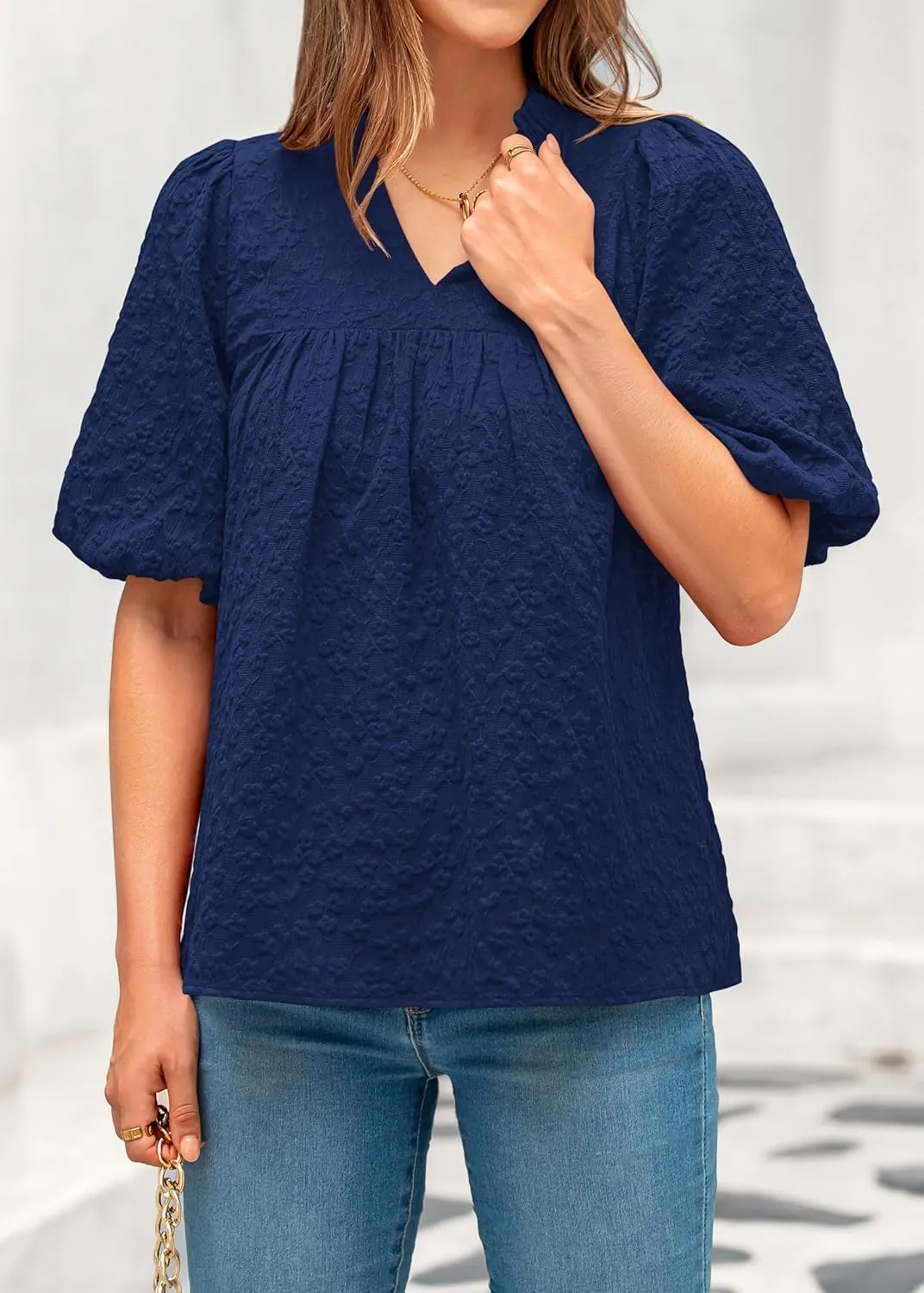 MASCOMODA Womens Summer Tops 2025 Ruffle V Neck Blouses Loose Puff Short Sleeve Jacquard Babydoll Tops Casual Dressy T-Shirts
