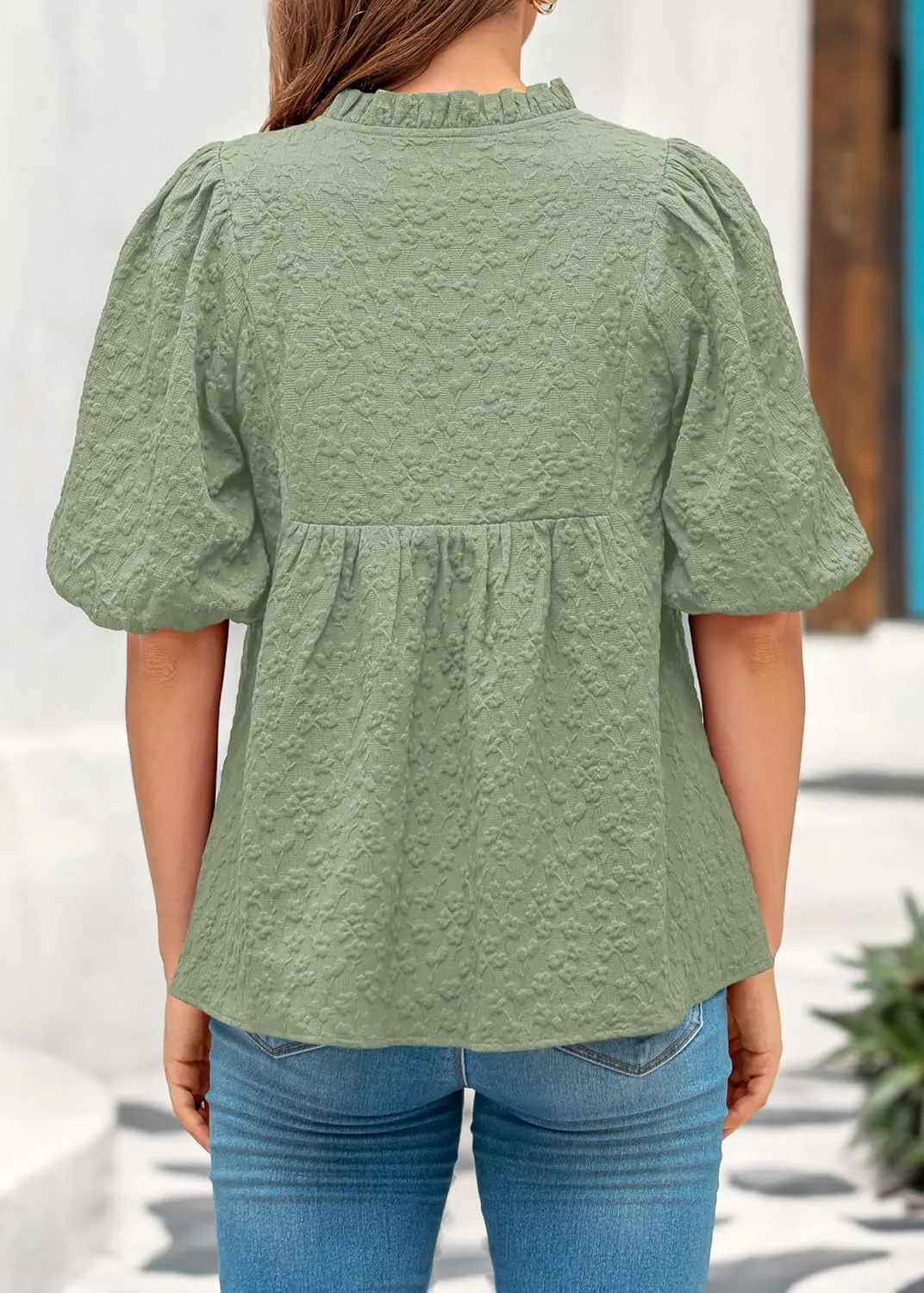 MASCOMODA Womens Summer Tops 2025 Ruffle V Neck Blouses Loose Puff Short Sleeve Jacquard Babydoll Tops Casual Dressy T-Shirts