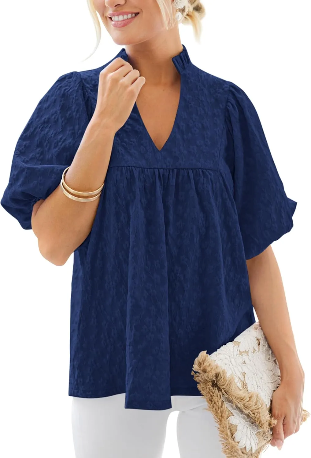 MASCOMODA Womens Summer Tops 2025 Ruffle V Neck Blouses Loose Puff Short Sleeve Jacquard Babydoll Tops Casual Dressy T-Shirts