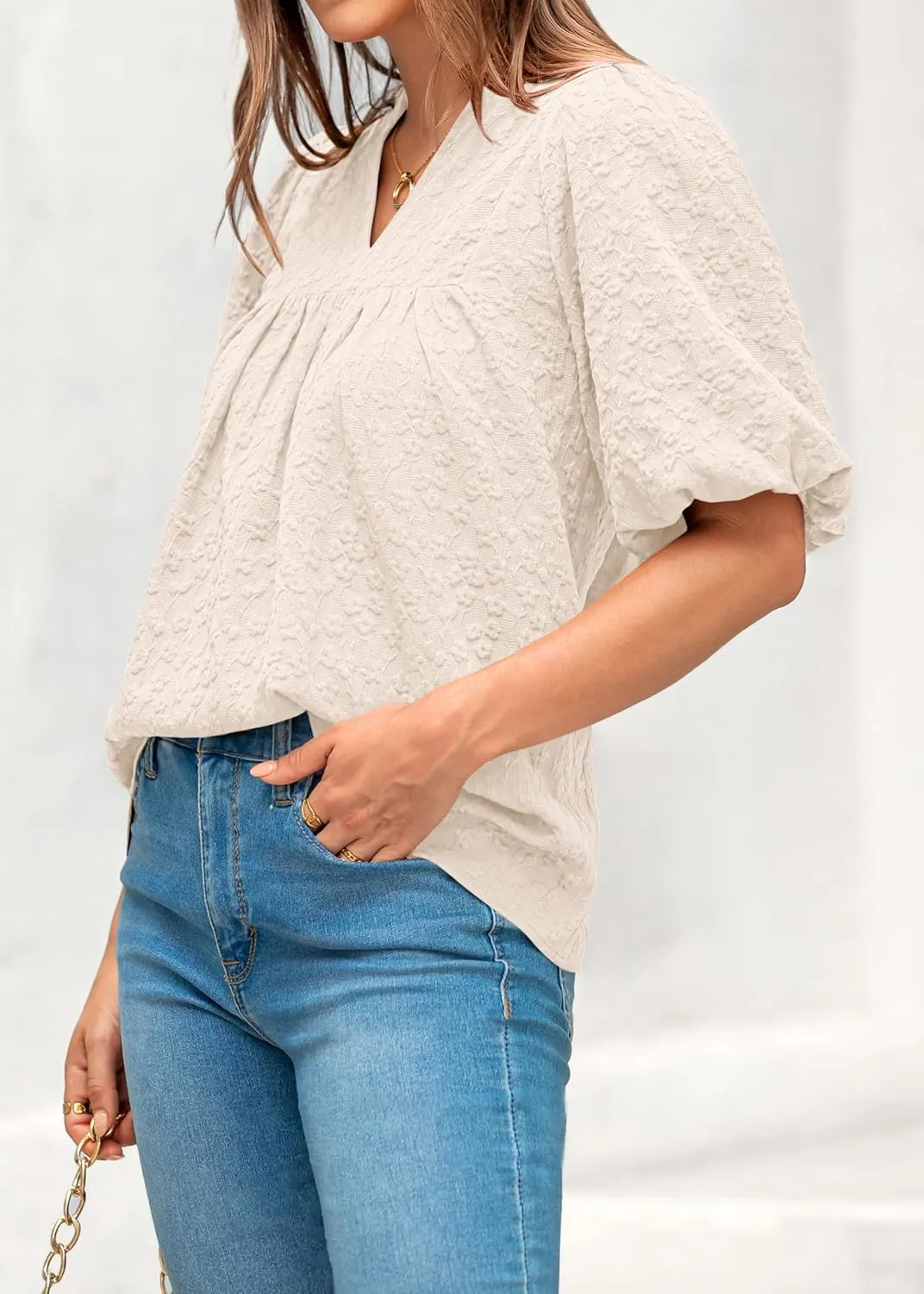 MASCOMODA Womens Summer Tops 2025 Ruffle V Neck Blouses Loose Puff Short Sleeve Jacquard Babydoll Tops Casual Dressy T-Shirts